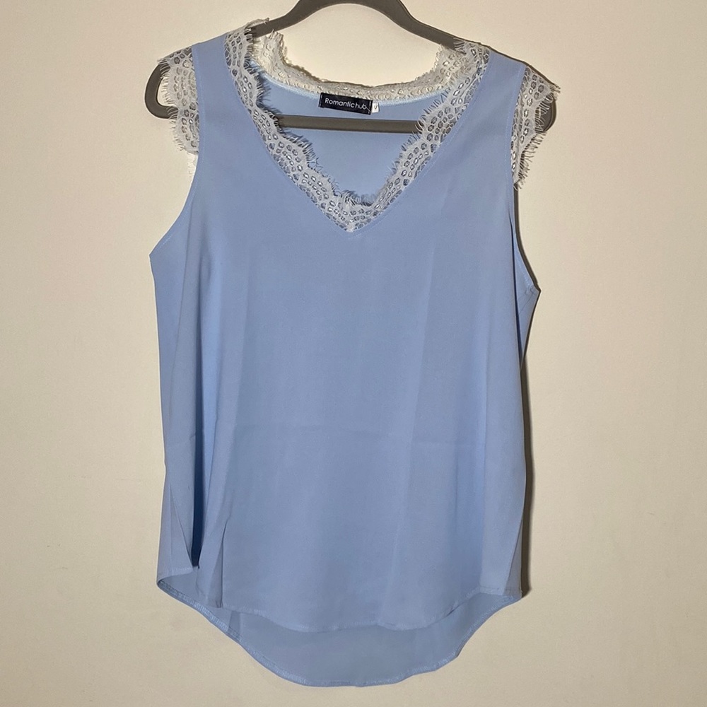 Blue tank with lace edges